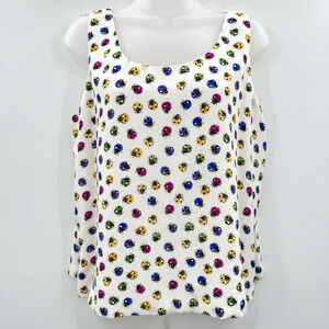 Ann May 100% Silk Ladybug Print Tank Shell Sz L White Multi Novelty Fun Colorful